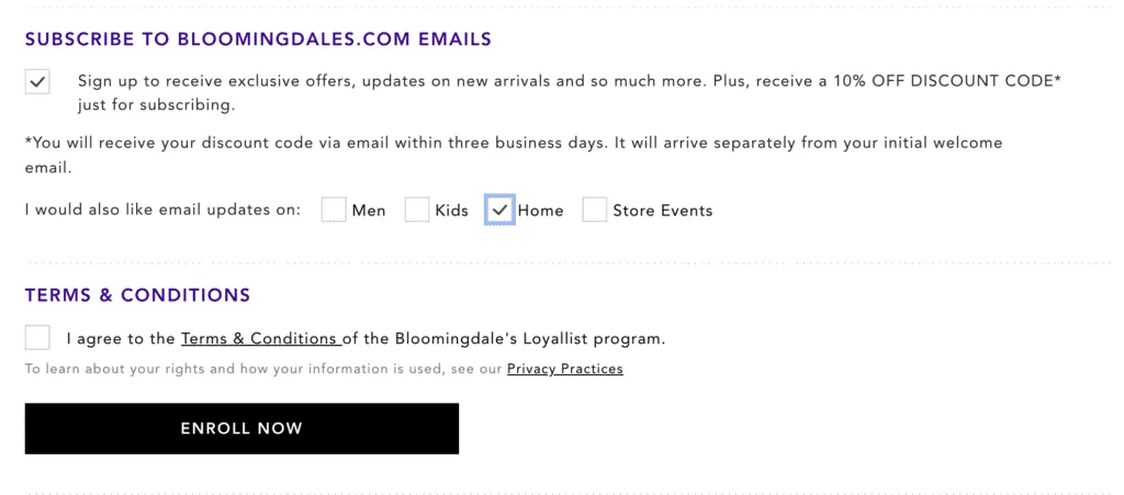 نمونه فرم ثبت نام بازاریابی ایمیلی: Bloomingdale's